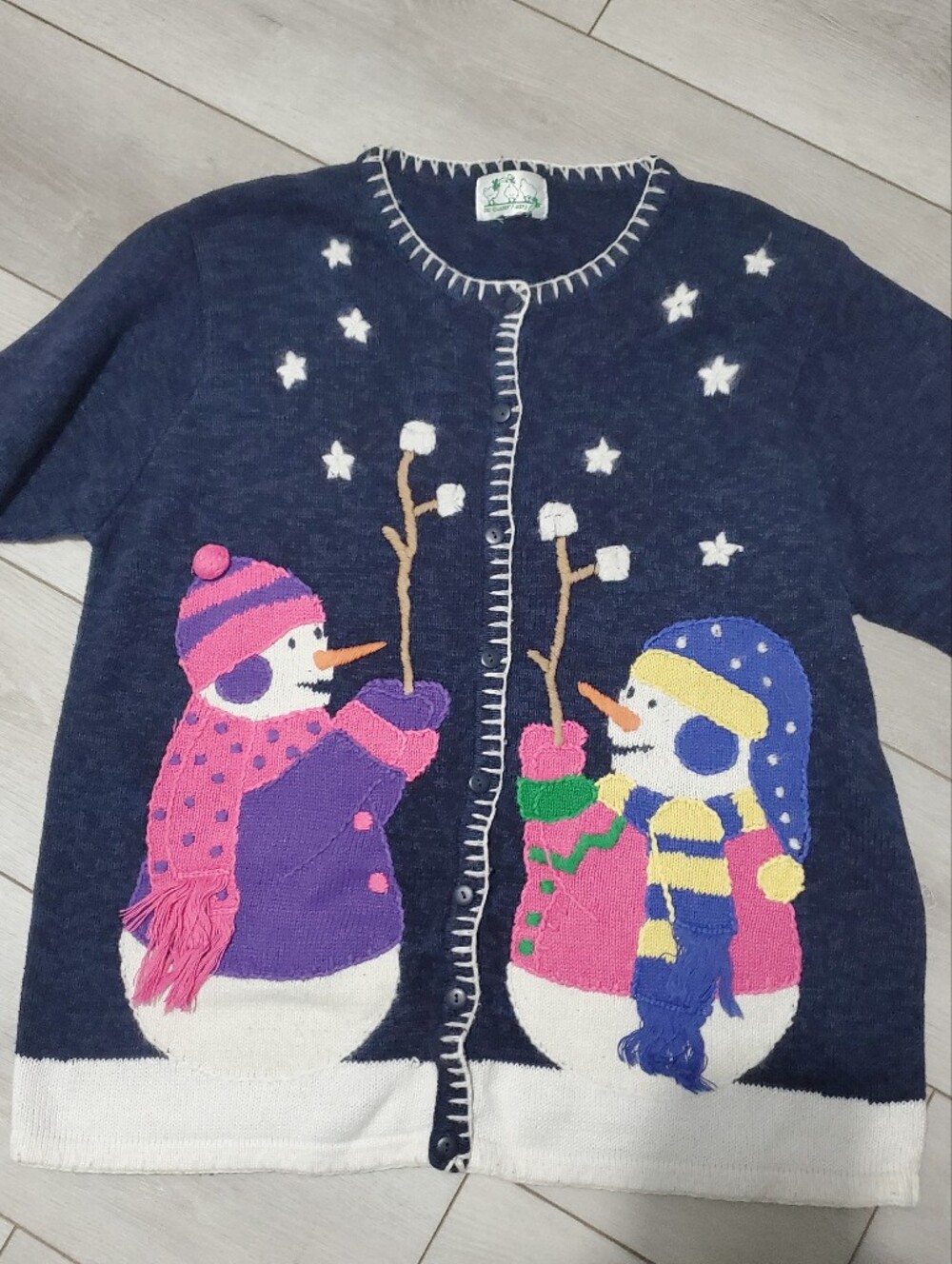 Vintage Quacker Factory Snowman Marshmallow Roast Cardigan Sweater Sz XL
